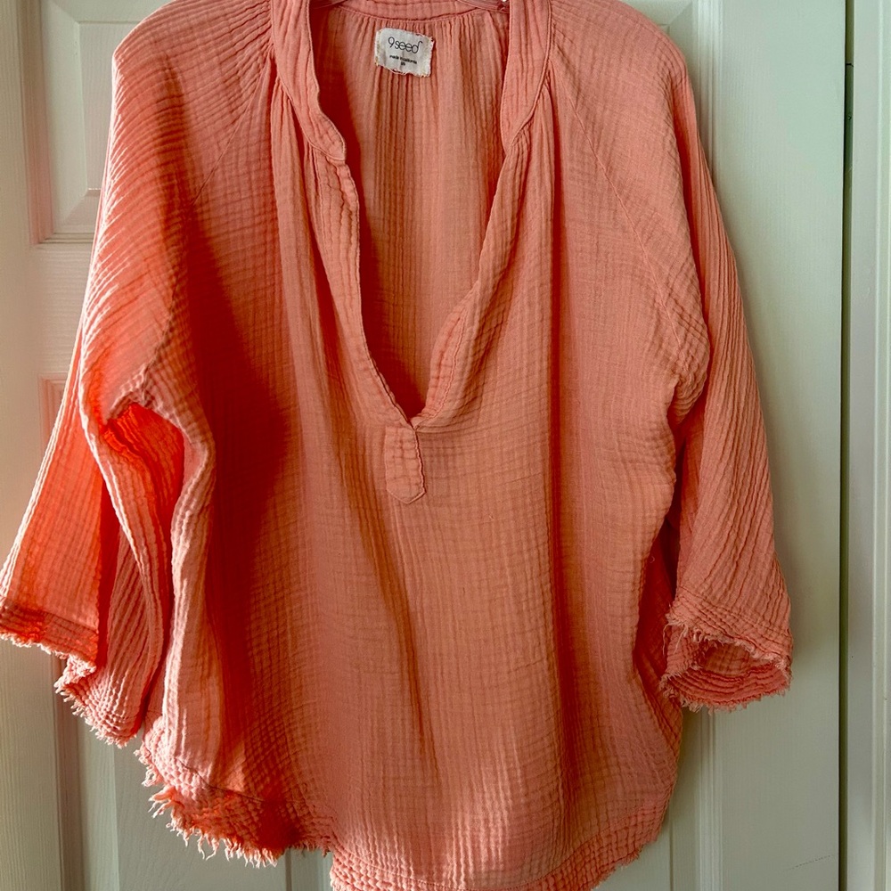 Peach Relaxed Blouse with 3/4 Sleeves and Mandarin Collar